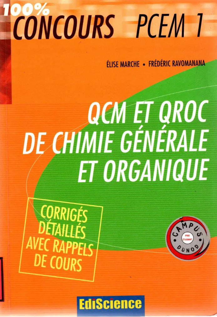 Couverture de QCM et QROC de chimie générale et organique